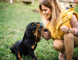 A woman plays with a puppy.